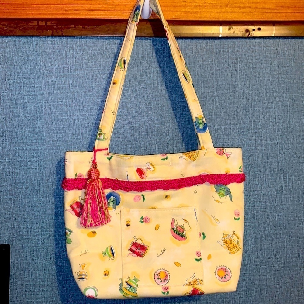 Vintage Kitsch Handmade Canvas Pastel Tea Pot Bag Purse Pocketbook Great Gift